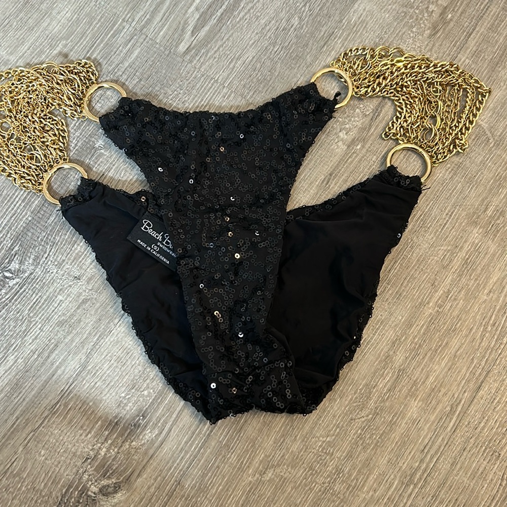 Black sparkle, beach, bunny swimsuit bottoms with gold chains, size small